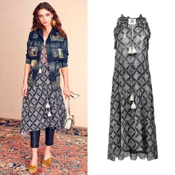 FIGUE Gabriella 100% Silk Diamond Tile Print Ruffle Midi Dress in Black - Picture 1 of 8
